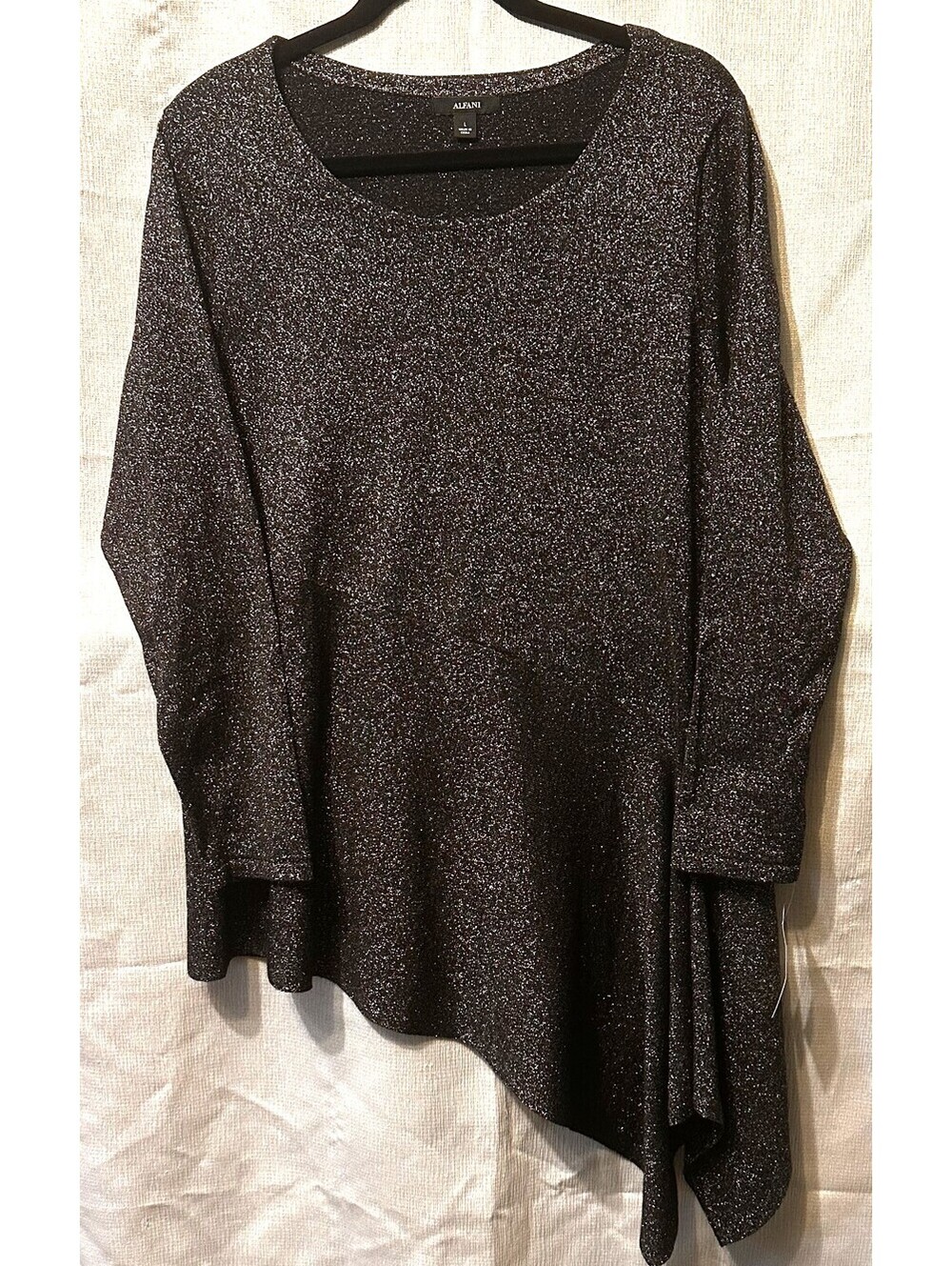 Alfani Women Black, Silver Asymmetrical Shimmer Top Size L
